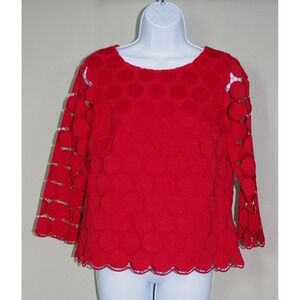 Talbots Petites Woman's SP Red Circle Lace Eyelet Blouse Scalloped Hem Top
